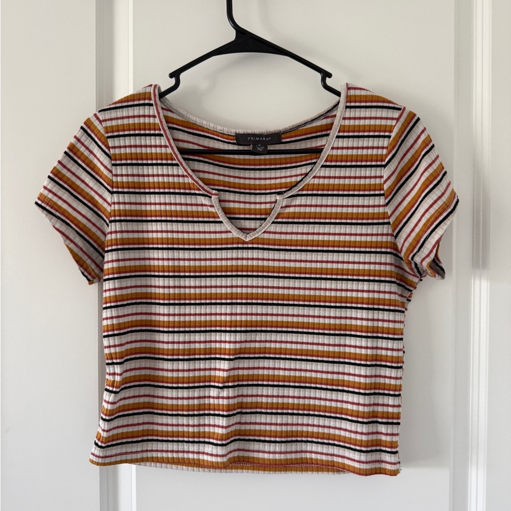 Primark Striped Ribbed Crop Top in Cream, Mustard & Rust